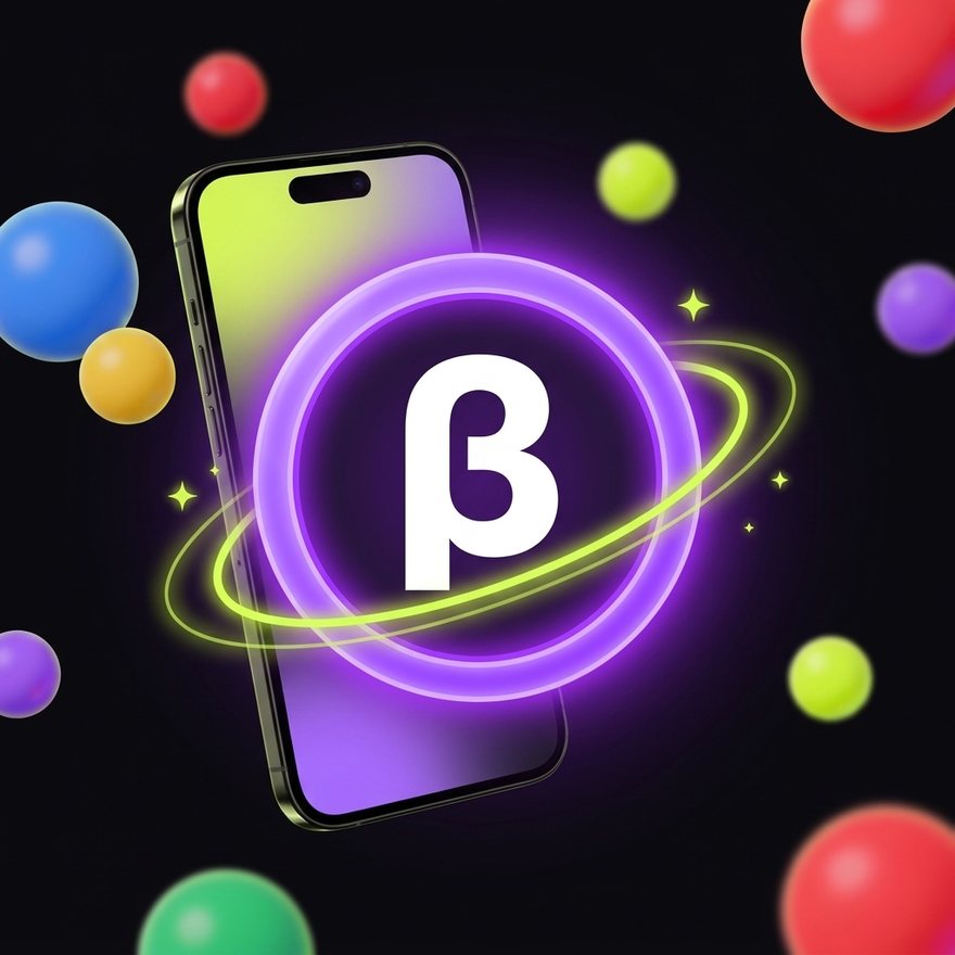 Glowing beta symbol in front of a smartphone and colorful balls