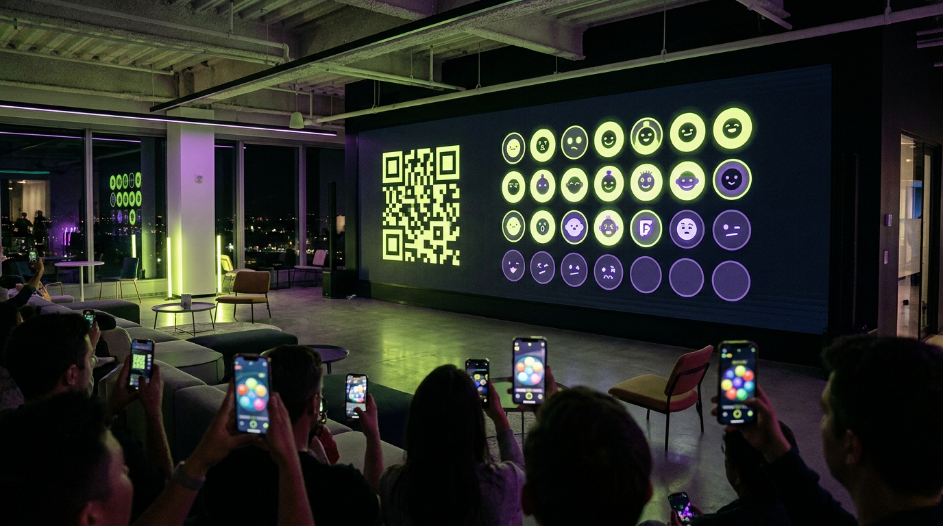 Big screen showing a QR code and the lobby, people with smartphones in front of it