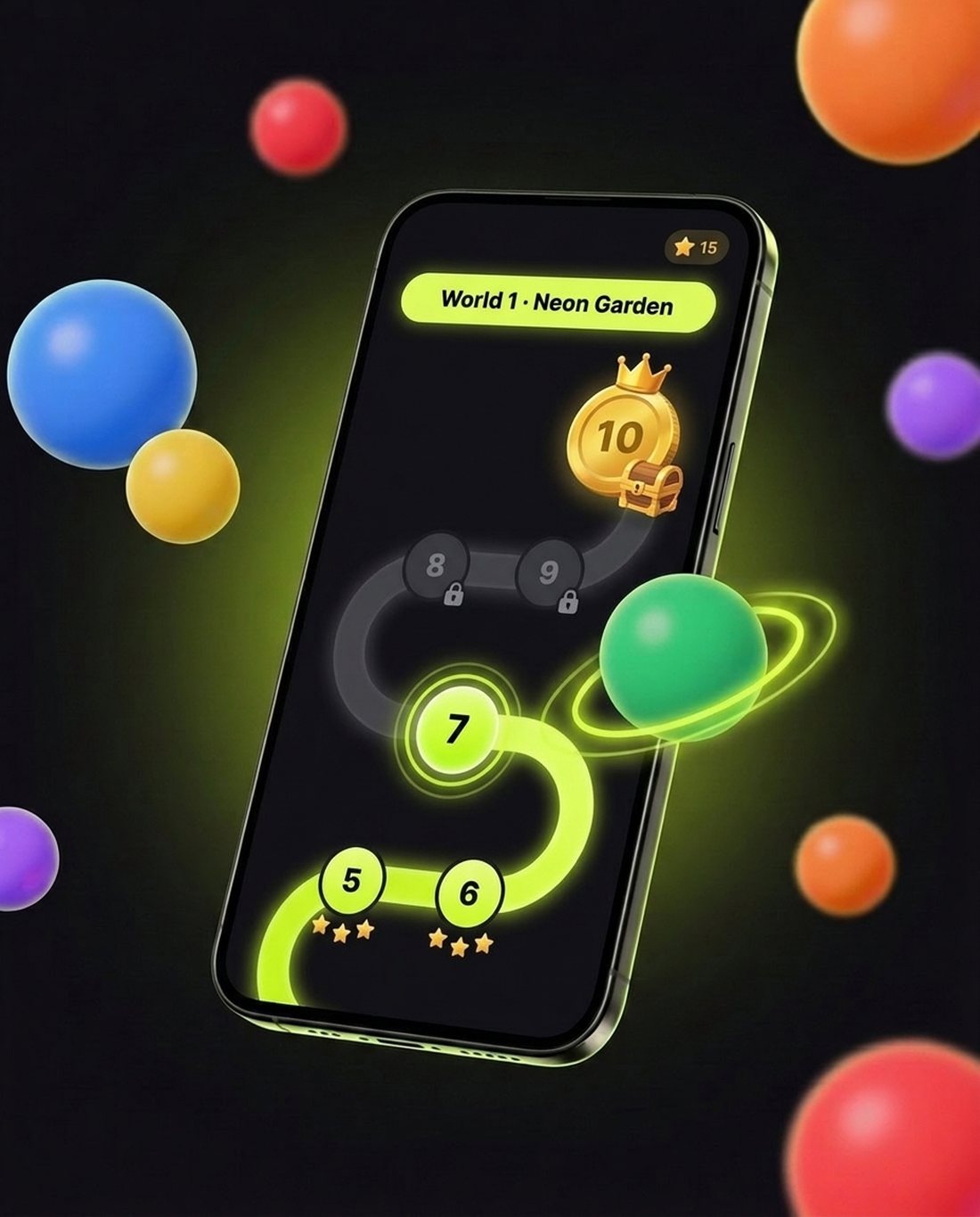 Level map on a smartphone: a glowing path with levels 5 to 10, stars, a boss level with a crown and a treasure chest