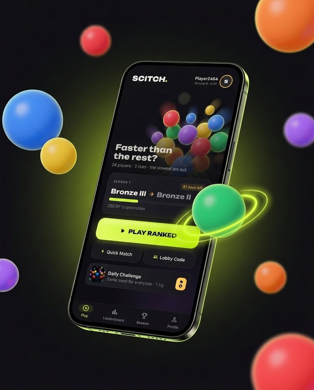 Scitch app on a smartphone: home screen with season rank and Ranked button