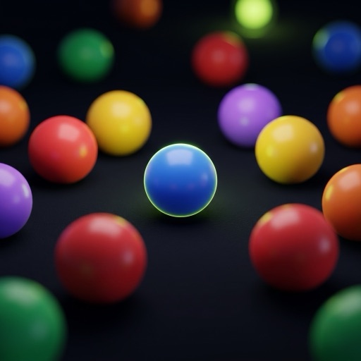 Color Hunt: colorful balls, one blue ball in focus